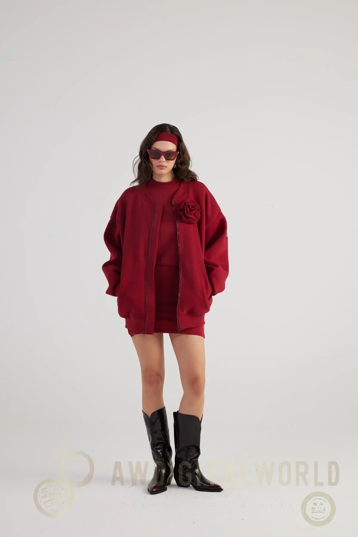 Alexa Burgundy Oversize Bomber Jacket with Removable Rose Accessory Buy Me Fur Ltd