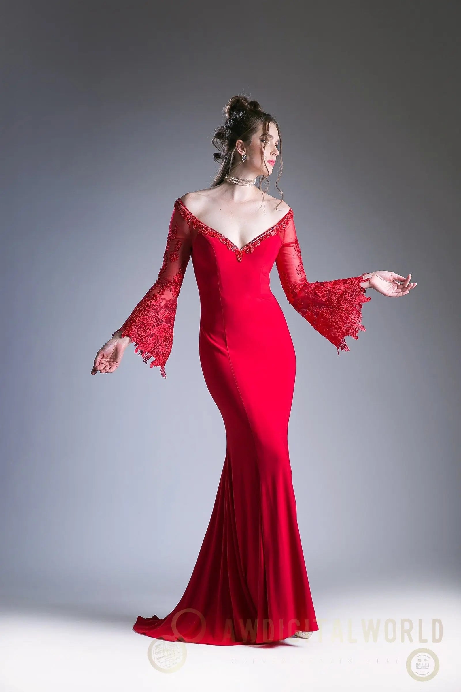 Fitted stretch jersey dress with lace bell sleeves and open keyhole back. Tux-USA