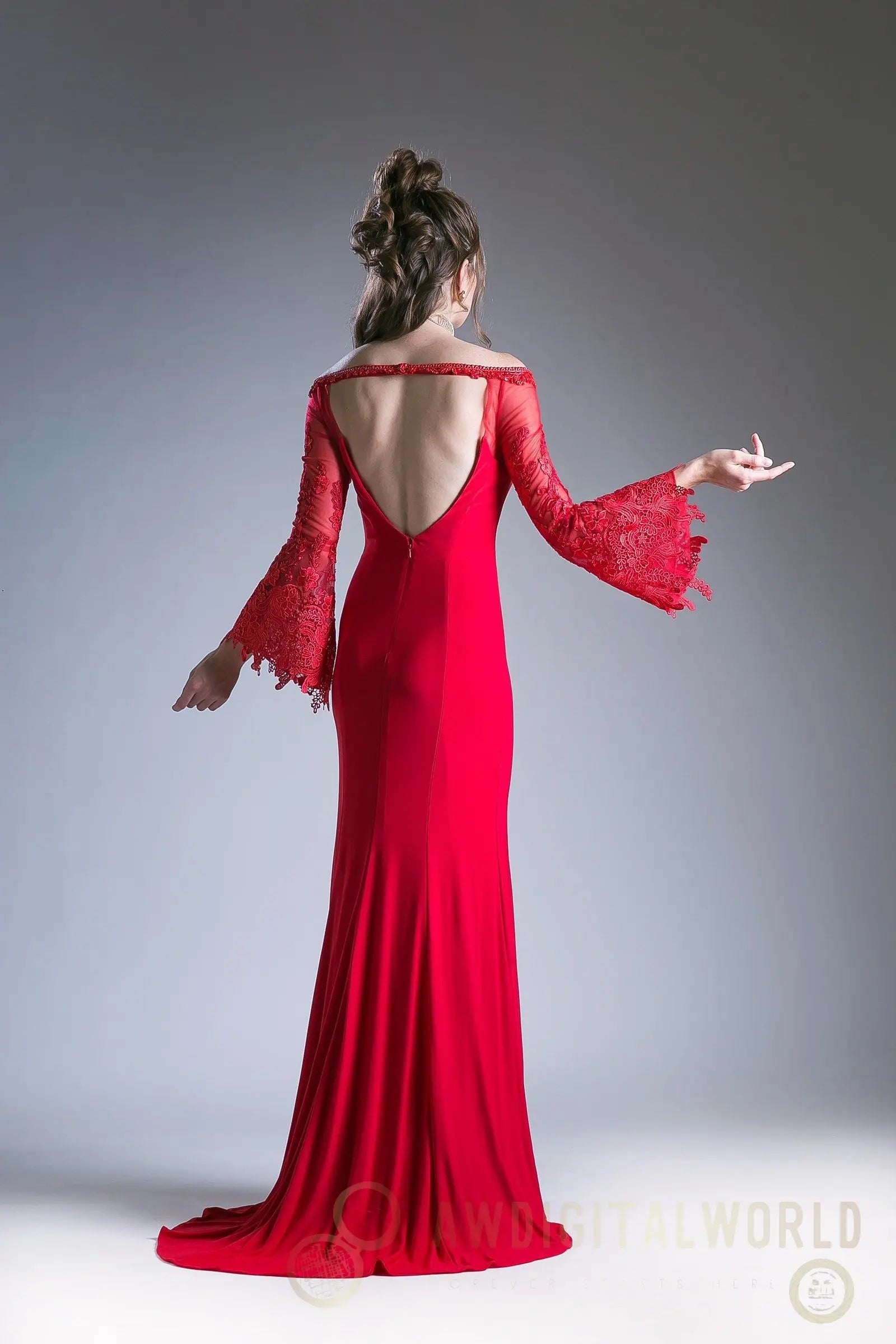 Fitted stretch jersey dress with lace bell sleeves and open keyhole back. Tux-USA