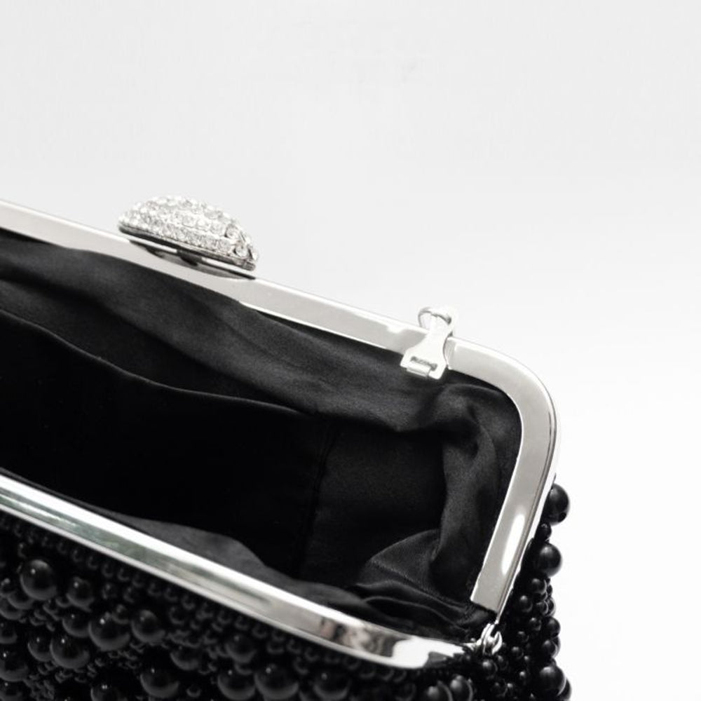 Black Pearl And Crystal Clutch Bag With Silver Details Aftershock London