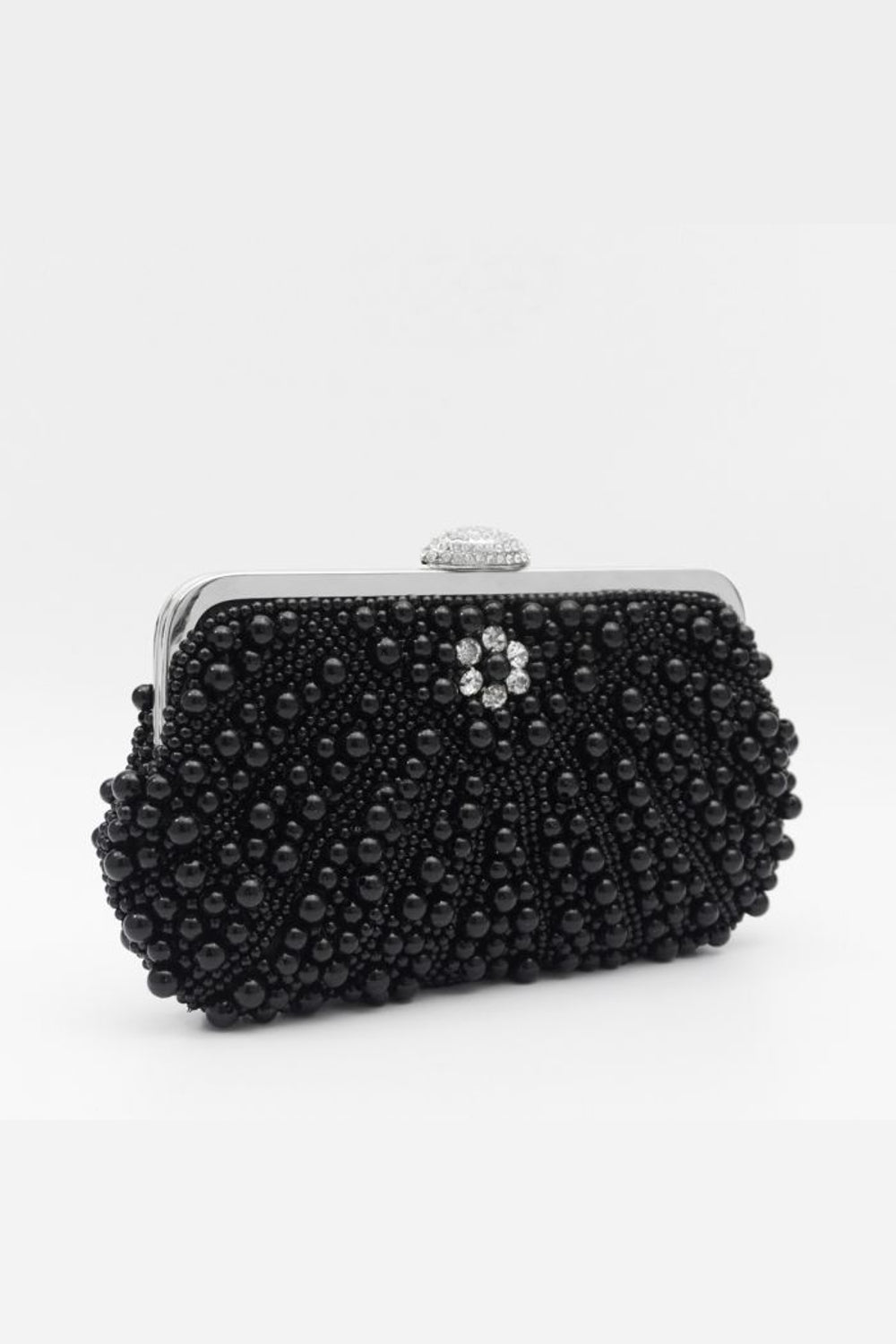 Black Pearl And Crystal Clutch Bag With Silver Details Aftershock London