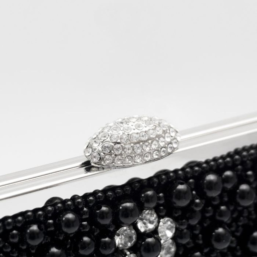 Black Pearl And Crystal Clutch Bag With Silver Details Aftershock London