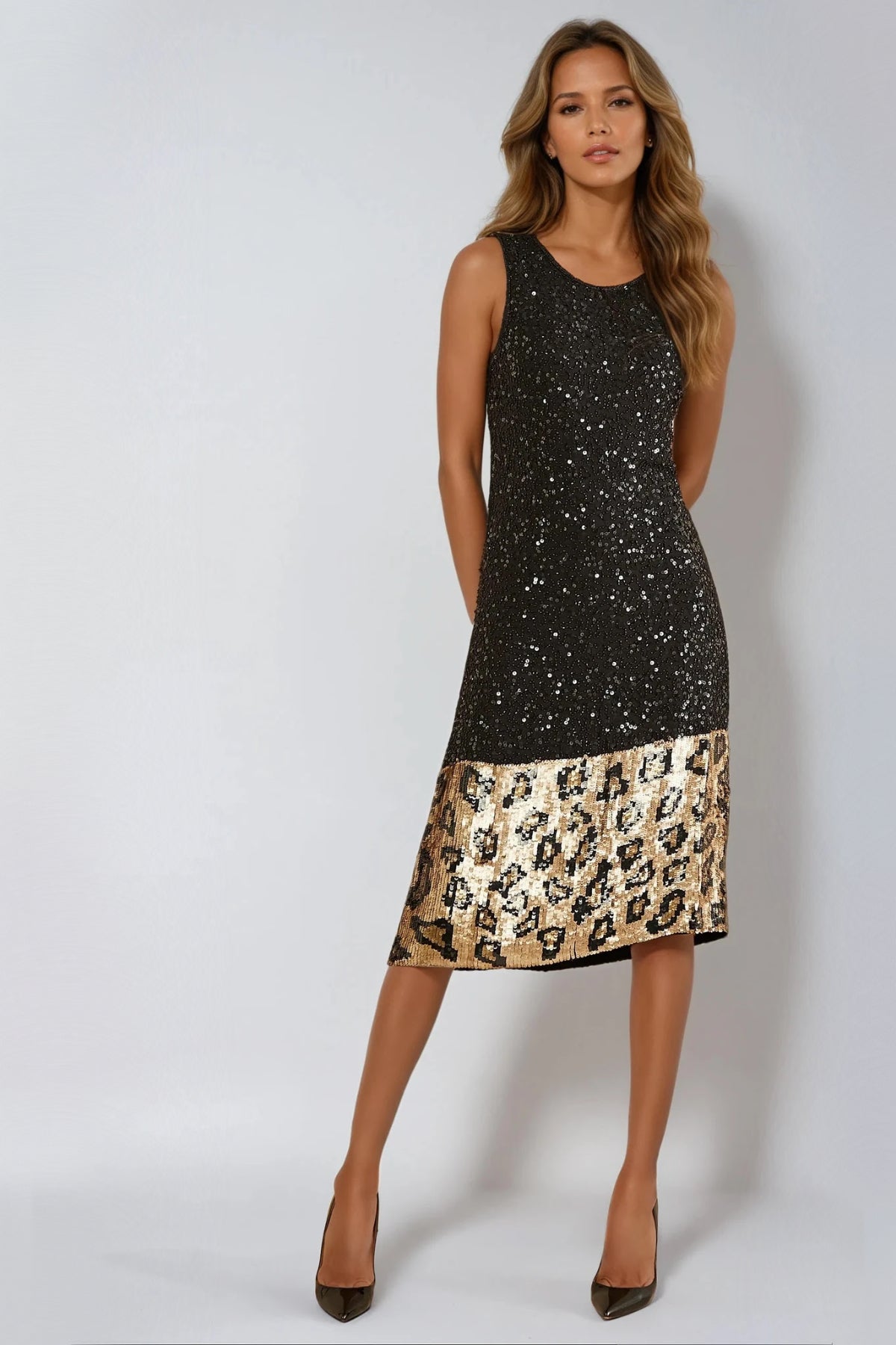 Black Gold Sequin Midi Dress with Leopard Trim Aftershock London
