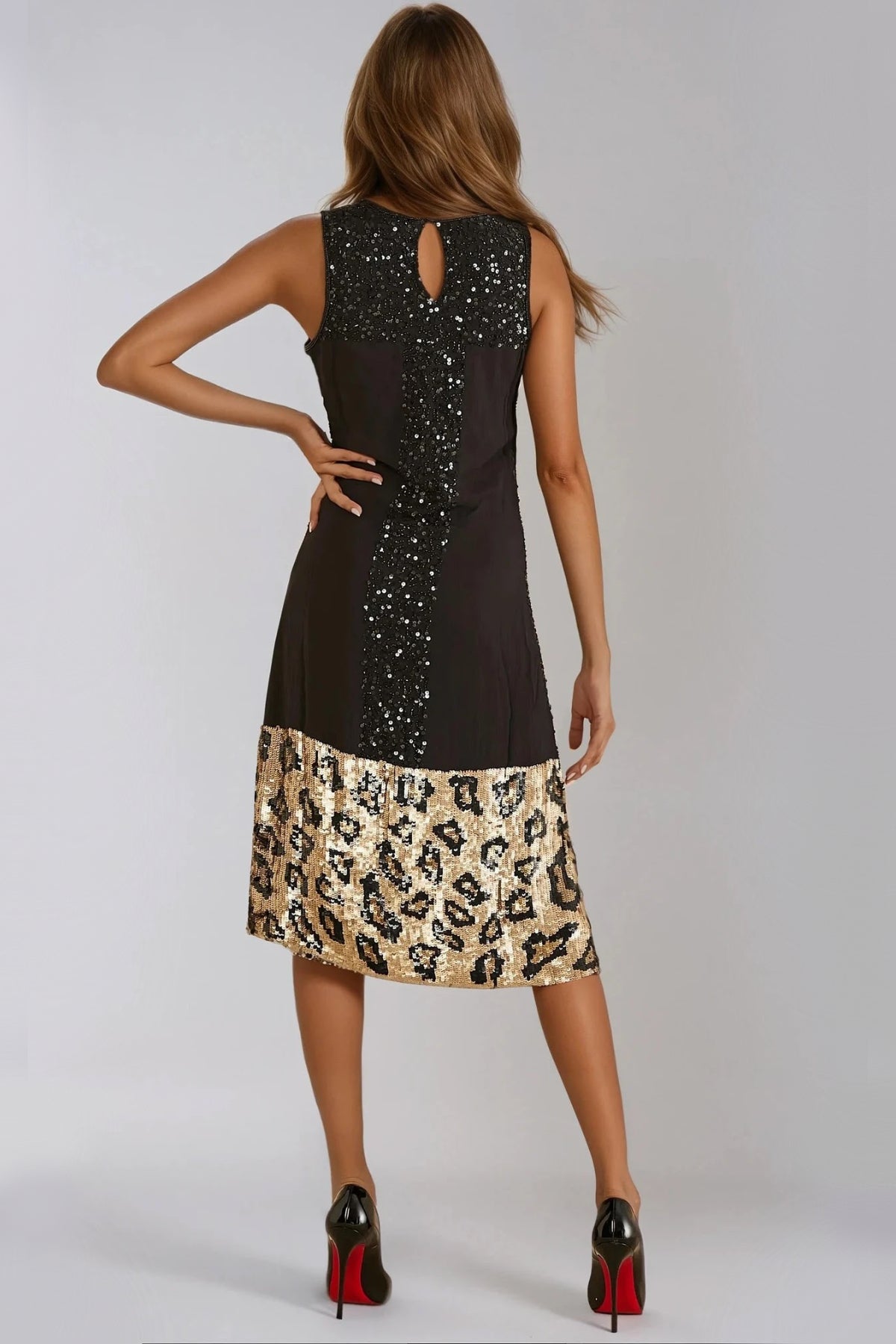 Black Gold Sequin Midi Dress with Leopard Trim Aftershock London