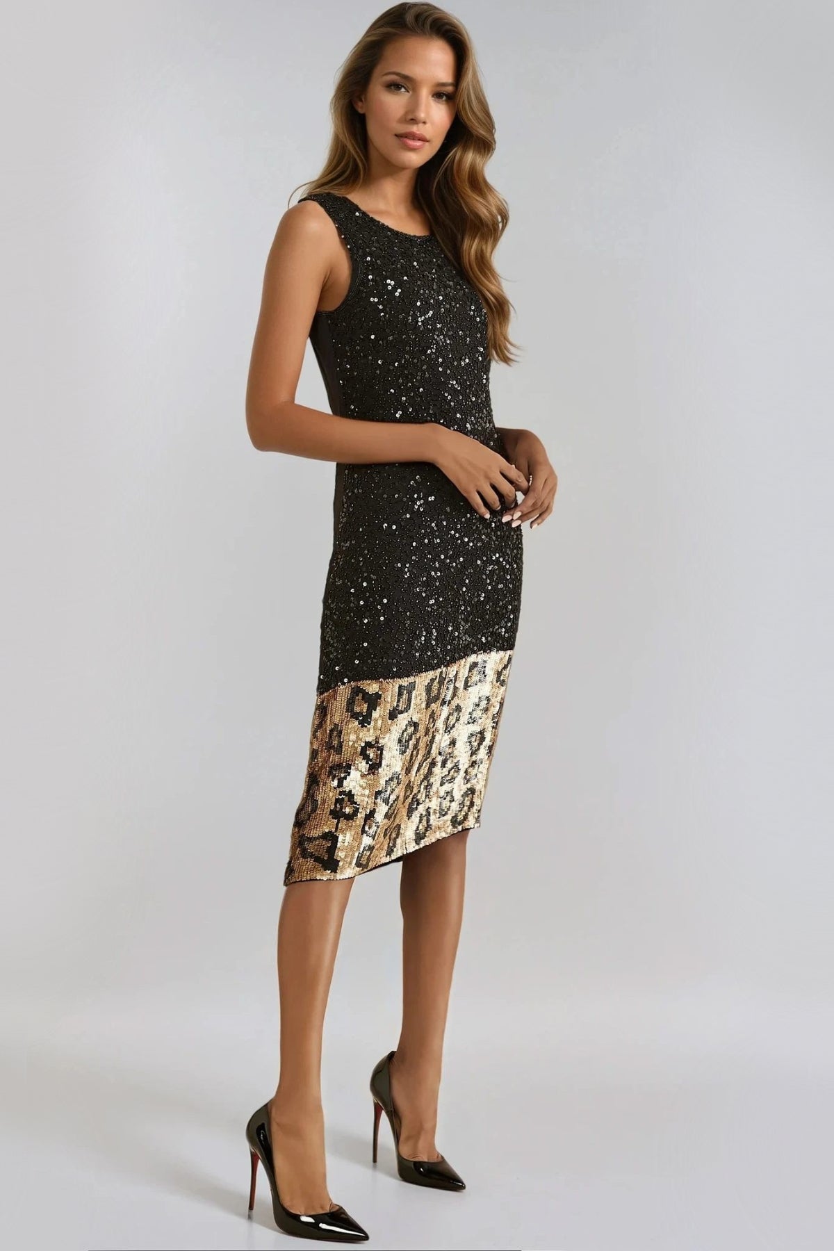Black Gold Sequin Midi Dress with Leopard Trim Aftershock London