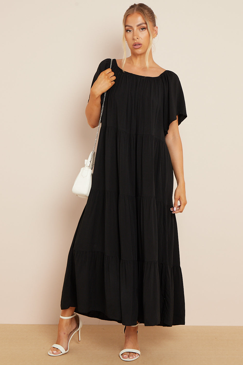Black Tiered Off Shoulder Maxi Dress Aftershock London
