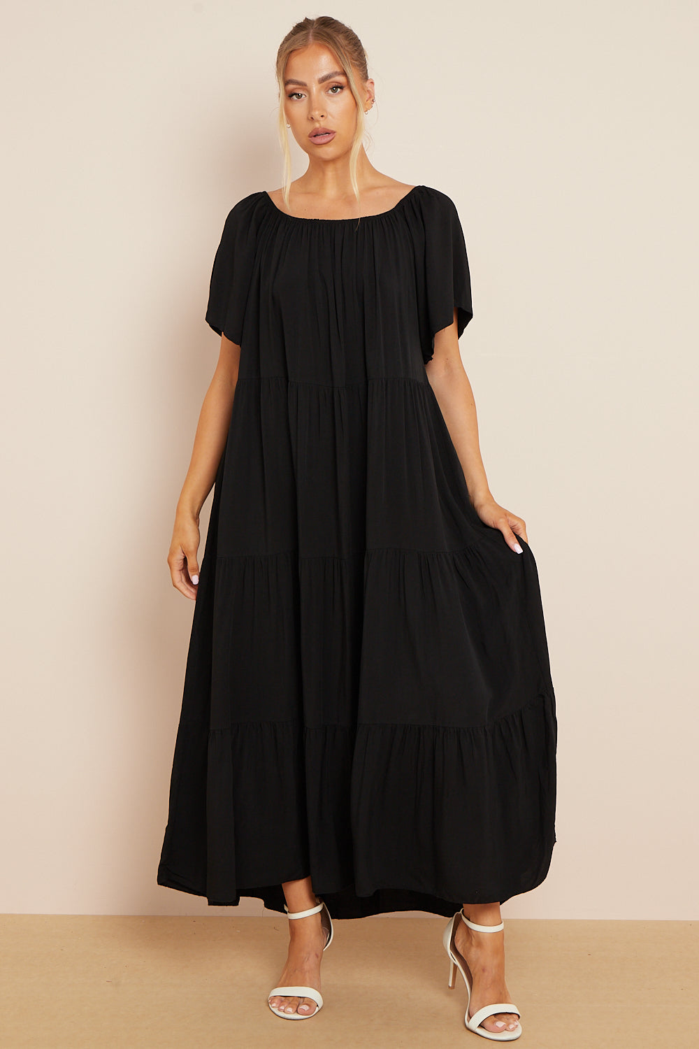 Black Tiered Off Shoulder Maxi Dress Aftershock London