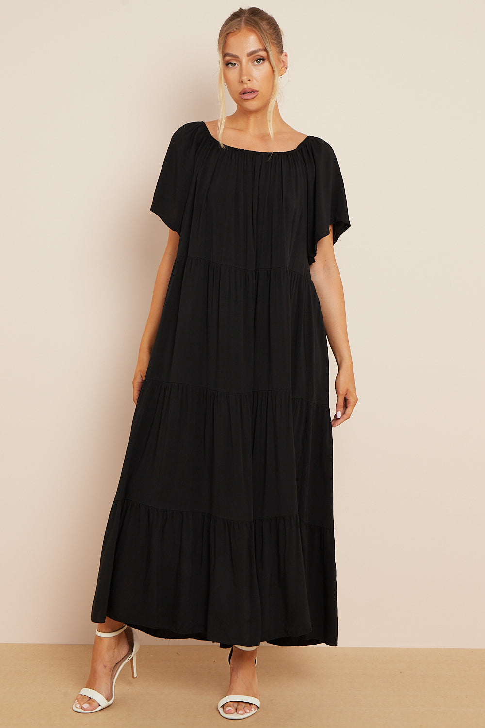 Black Tiered Off Shoulder Maxi Dress Aftershock London