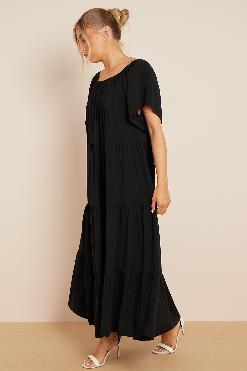 Black Tiered Off Shoulder Maxi Dress Aftershock London