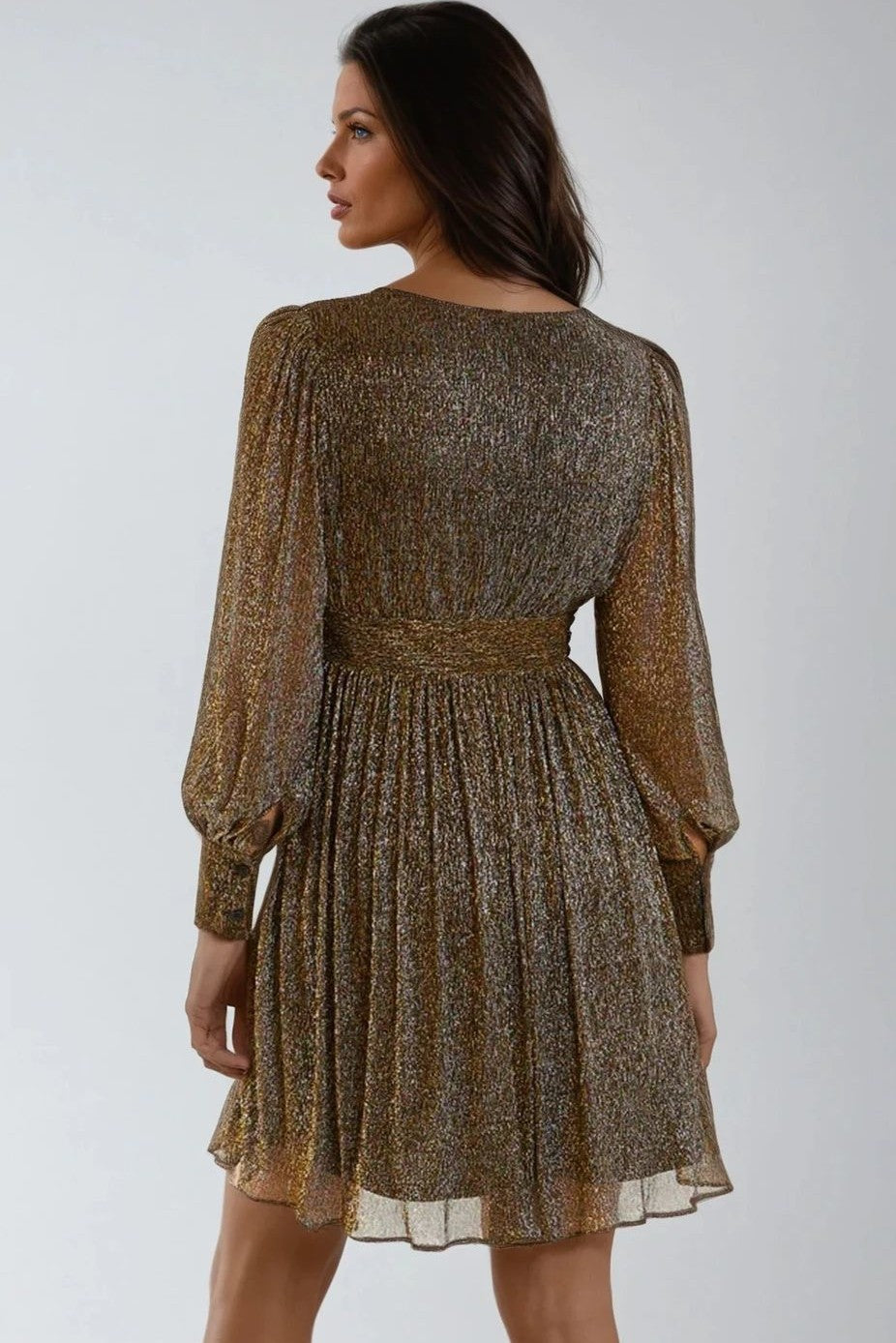 Gold Metallic V-Neck Mini Dress Aftershock London