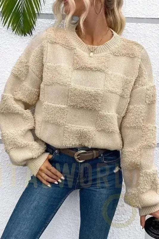 Checkered Sherpa Loose Sweater Fashionfitz