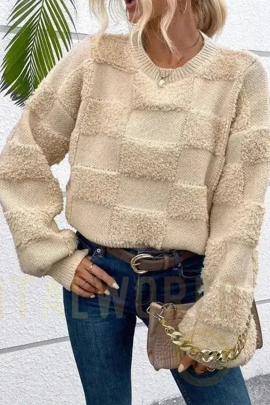 Checkered Sherpa Loose Sweater Fashionfitz