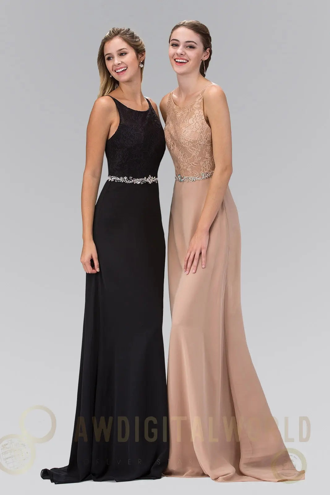 Chiffon Floor Length Dress Accented with Jewel Waistband-4