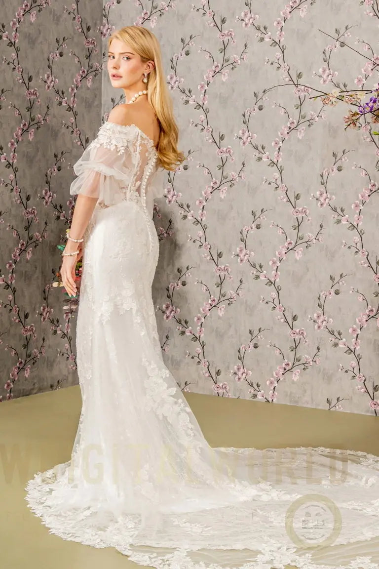Floral Embroidery Bead Sheer Sleeves Mesh Mermaid Wedding Gown-1