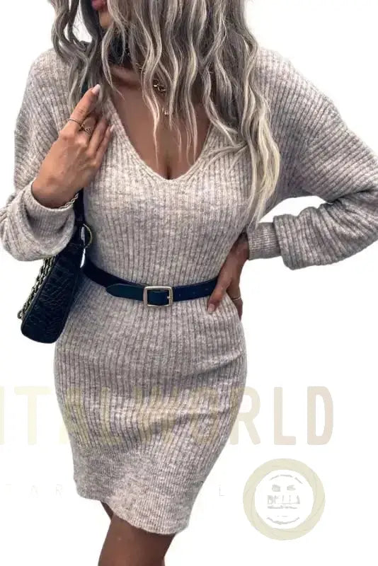 Gray V Neck Bodycon Sweater Dress Fashionfitz