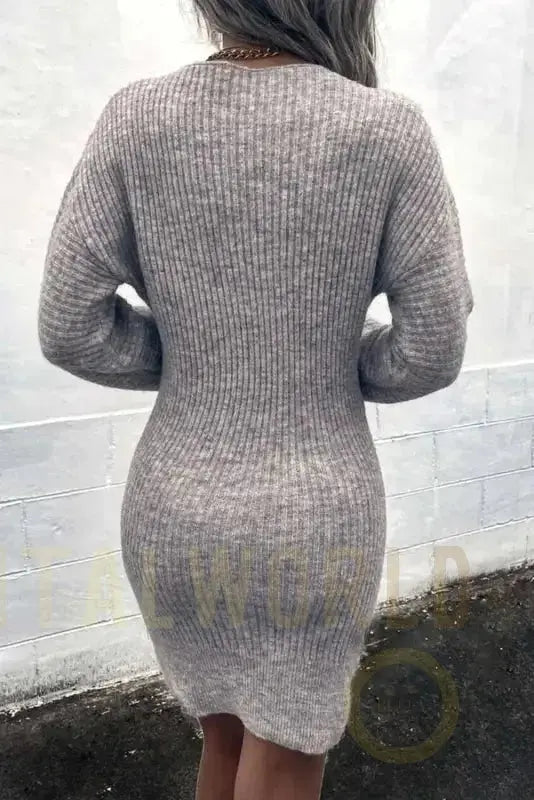 Gray V Neck Bodycon Sweater Dress Fashionfitz