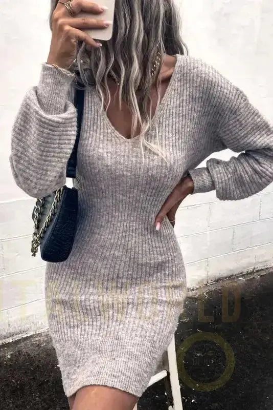 Gray V Neck Bodycon Sweater Dress Fashionfitz