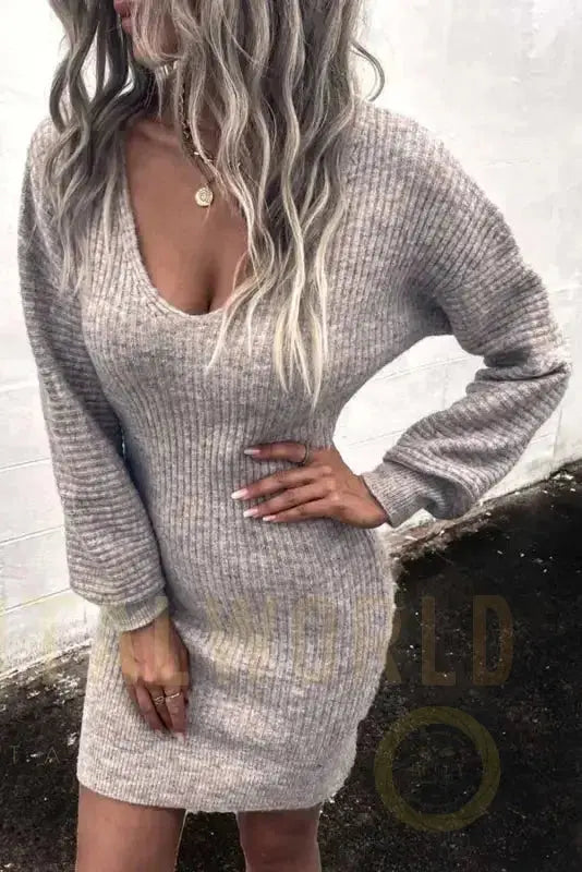 Gray V Neck Bodycon Sweater Dress Fashionfitz