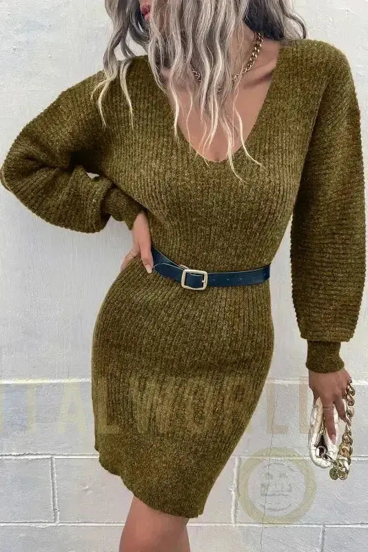 Gray V Neck Bodycon Sweater Dress Fashionfitz
