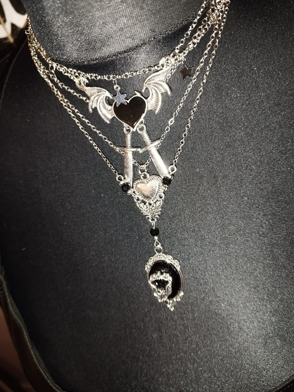 Gothic Layered Heart Winged Necklace Fluent