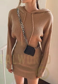 Casual hooded collar women sweater dress Bat sleeves drawstring ladies Jade