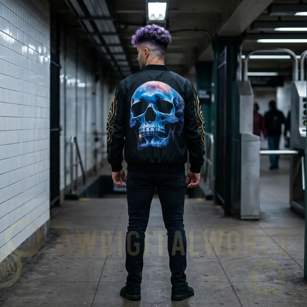 Skull Night Bomber Jacket — Gothic Skull AOP Jacket with Gold Tribal Sleeves