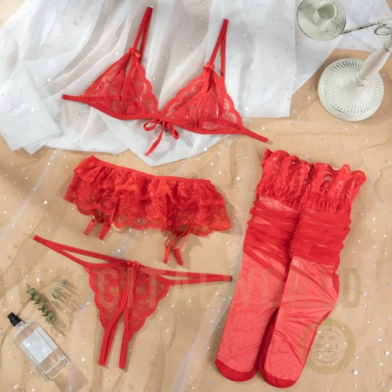 3-Piece Double Spice Bra and Crotchless G-String Set - S/M/L/XL JOJO Lingerie