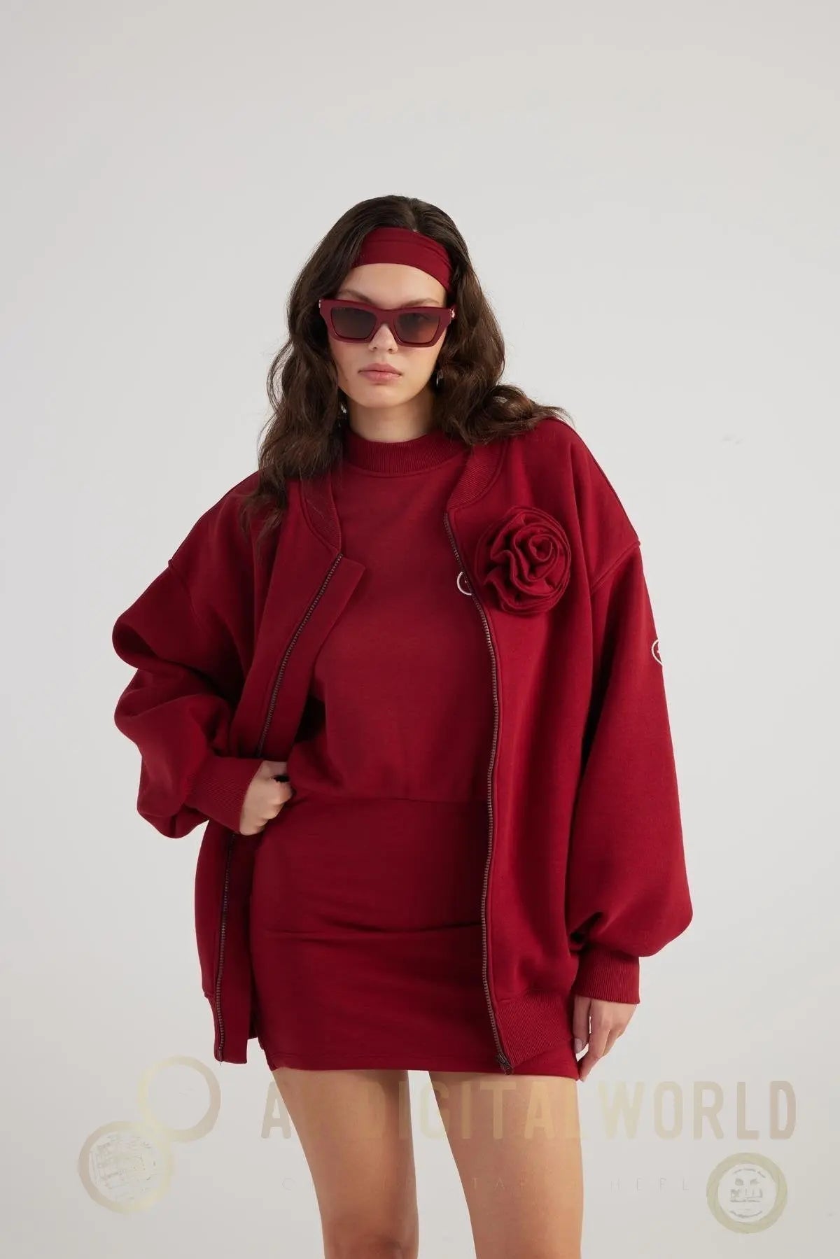 Alexa Burgundy Oversize Bomber Jacket with Removable Rose Accessory Buy Me Fur Ltd