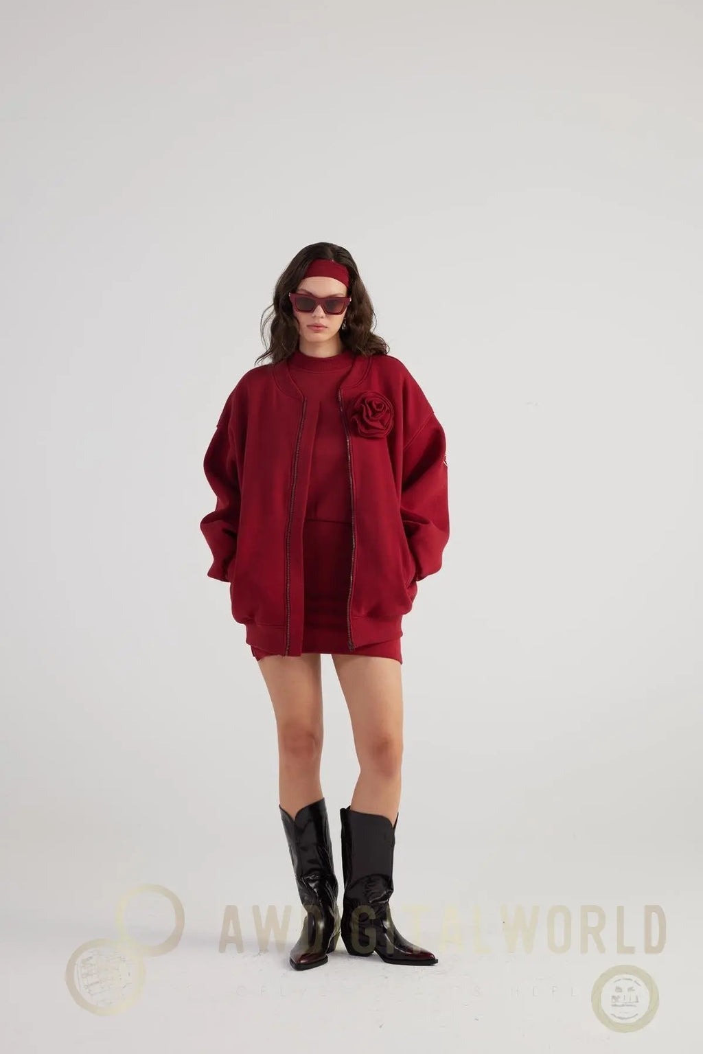 Alexa Burgundy Oversize Bomber Jacket with Removable Rose Accessory Buy Me Fur Ltd