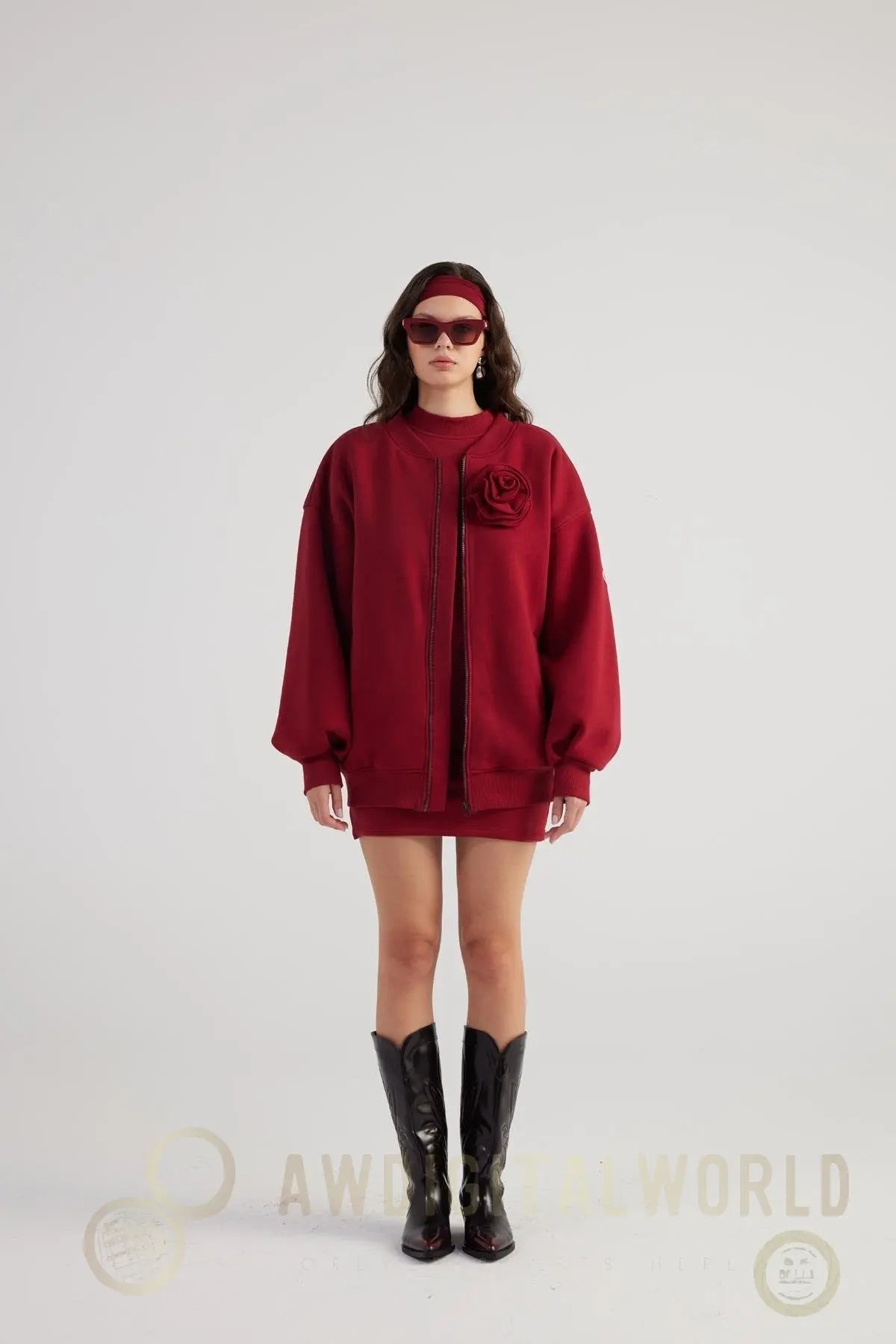 Alexa Burgundy Oversize Bomber Jacket with Removable Rose Accessory Buy Me Fur Ltd