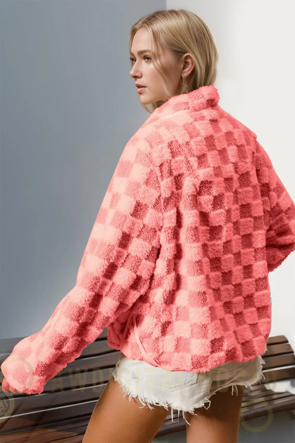 Double Take Checkered Long Sleeve Fuzzy Jacket Coral Vanilla