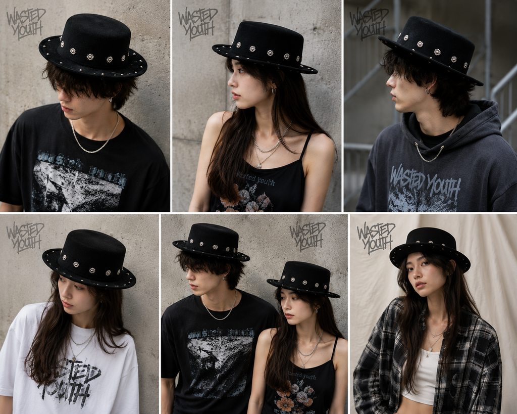Gothic witch style fedora with rivets Wasted youth
