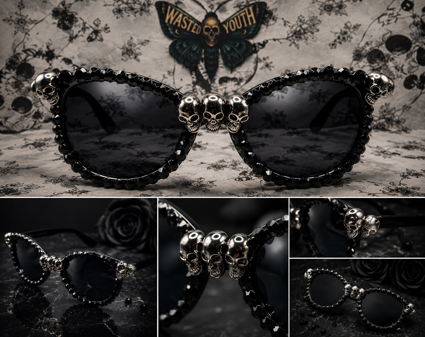 oval gothic style Sunglasses With Skull's Wasted youth