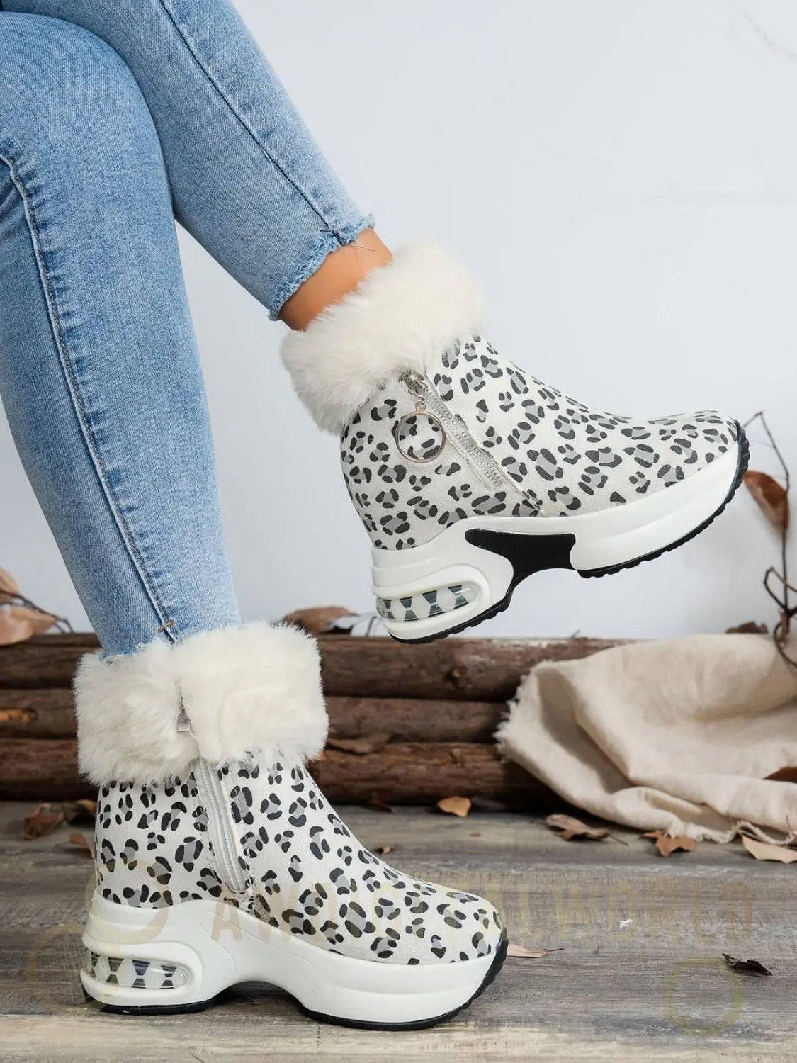 Side Zipper Leopard Platform Boots Coral Vanilla