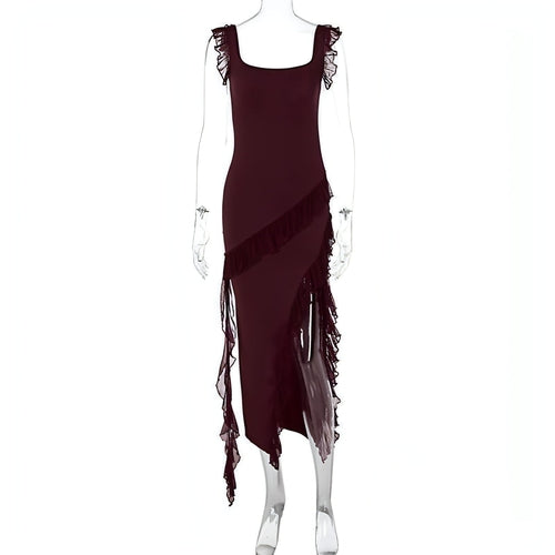 Female Summer Fashionable Stringy Selvedge Stitching Temperament Dress Carmine Juneberry