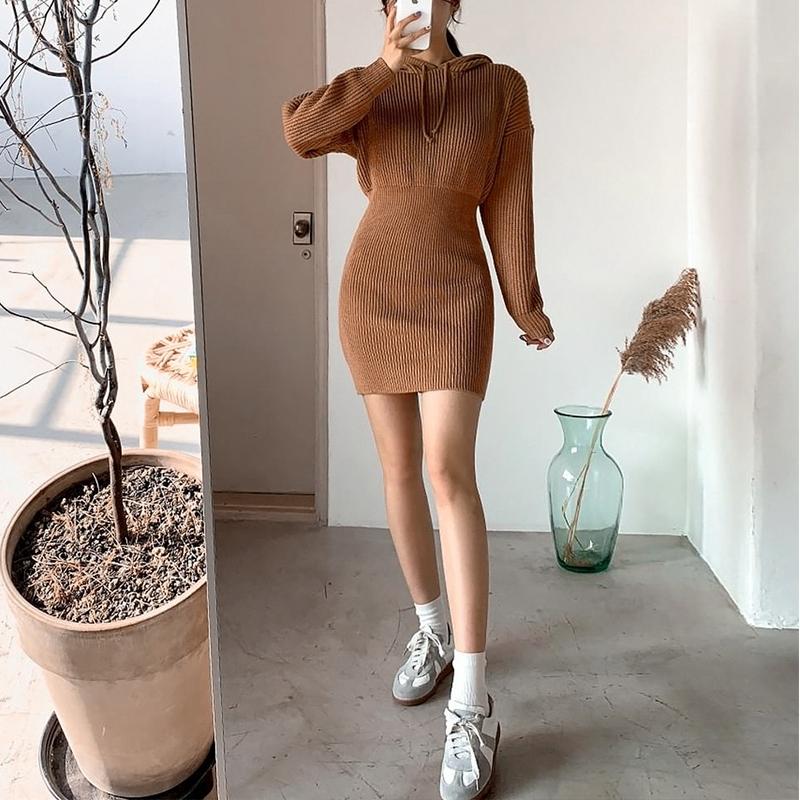 Casual hooded collar women sweater dress Bat sleeves drawstring ladies Jade