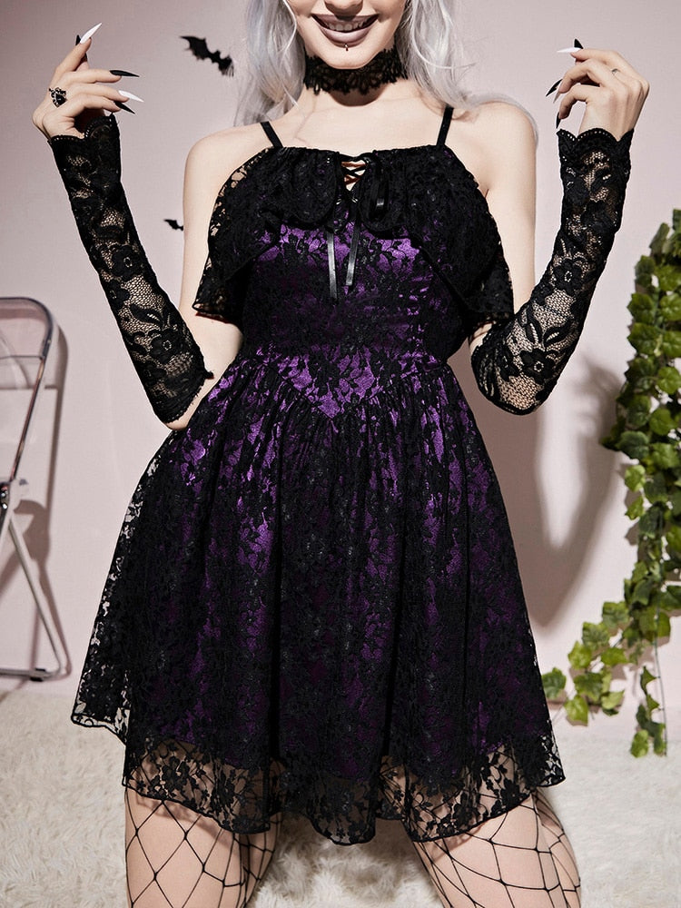 Purple Gothic Lace Up Back Cami Dress Halloween Costume Without Gloves Red Iphigenia