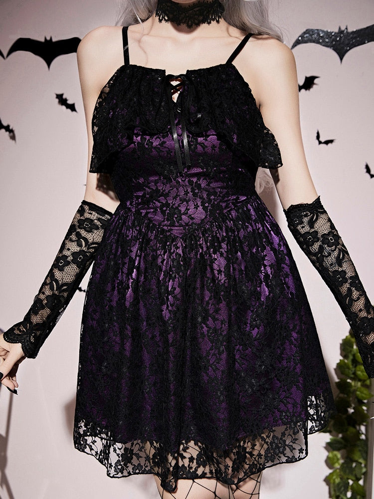 Purple Gothic Lace Up Back Cami Dress Halloween Costume Without Gloves Red Iphigenia