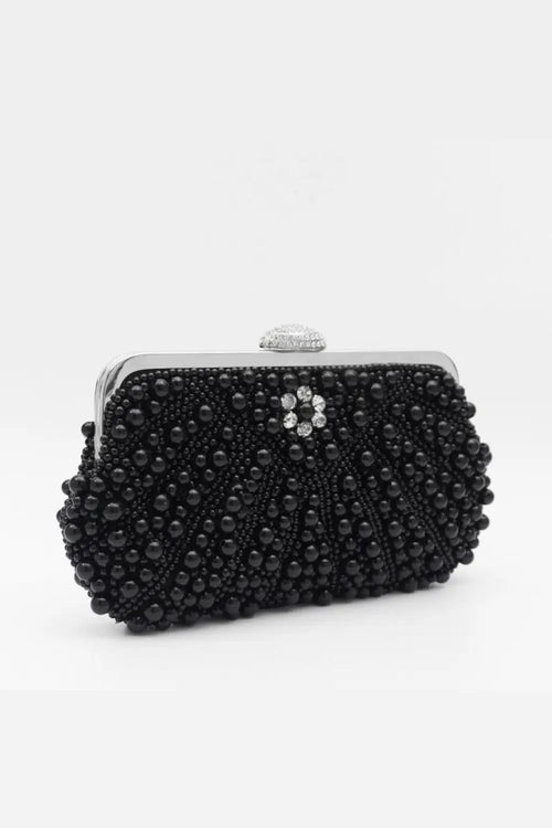 Black Pearl And Crystal Clutch Bag With Silver Details Aftershock London
