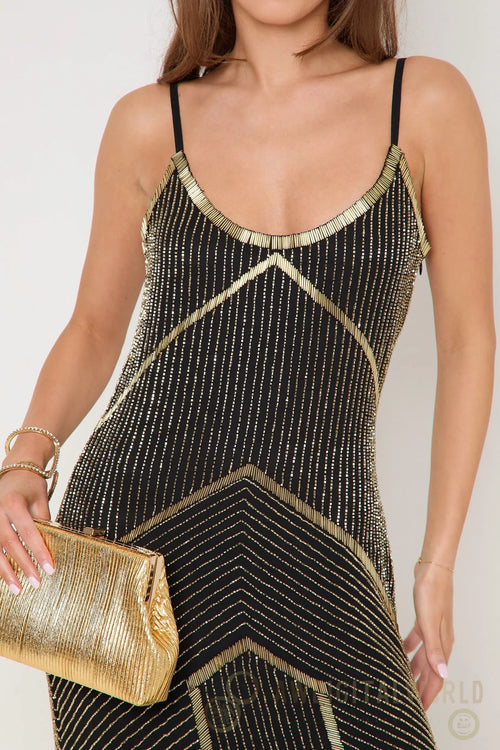 Black And Gold Embellished Midi Dress Aftershock London
