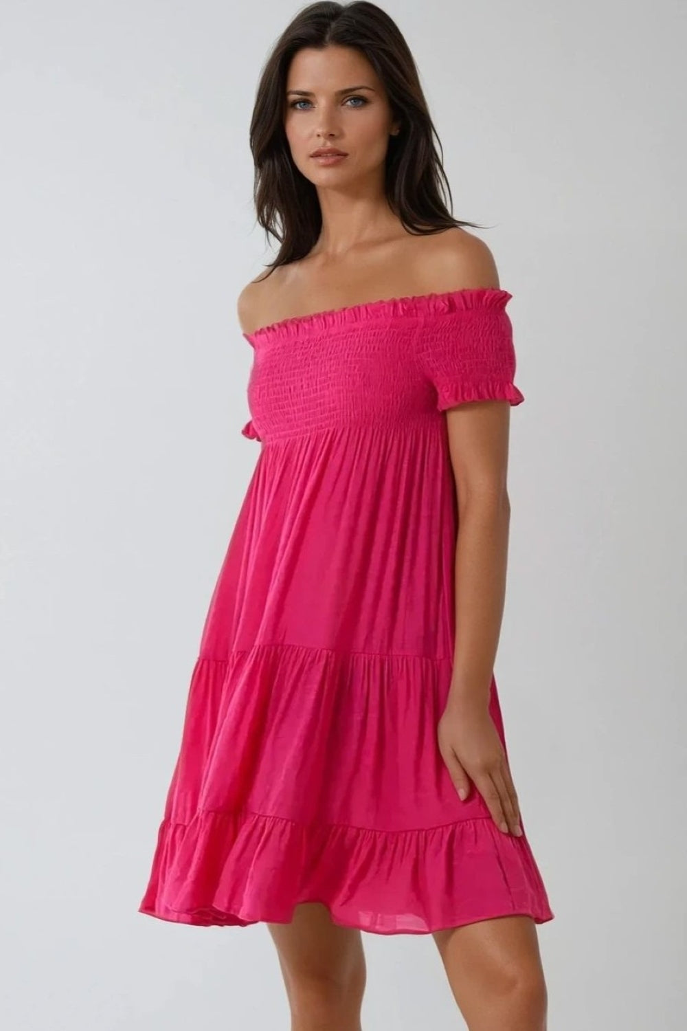 Fuchsia Bardot Shirred Mini Dress Aftershock London