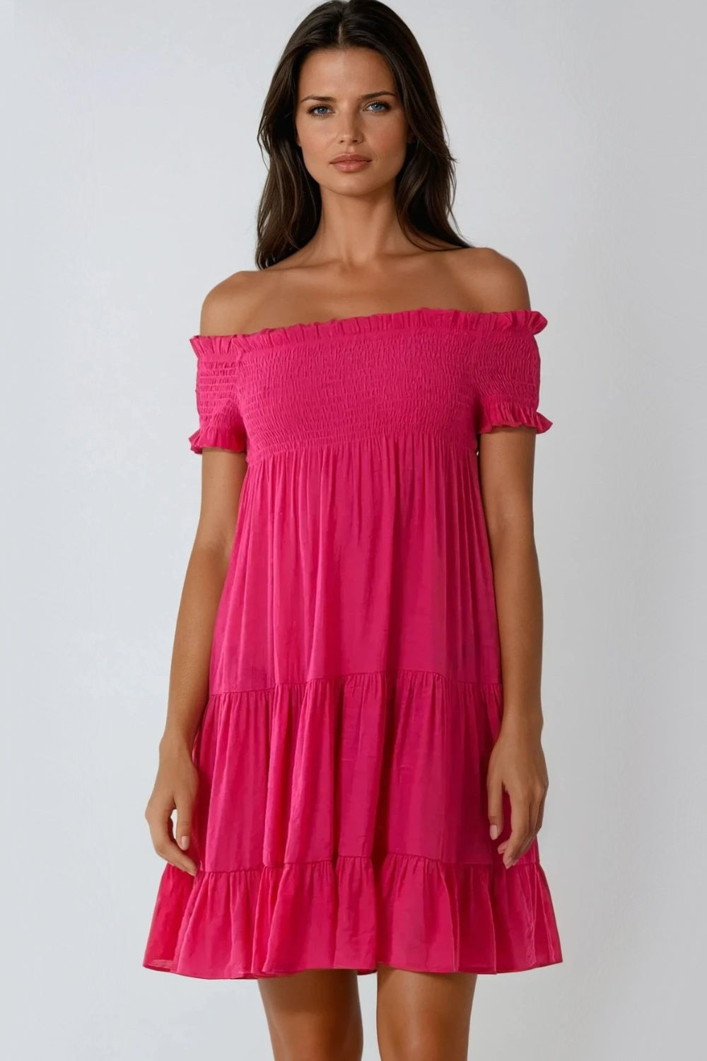 Fuchsia Bardot Shirred Mini Dress Aftershock London