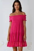 Fuchsia Bardot Shirred Mini Dress Aftershock London
