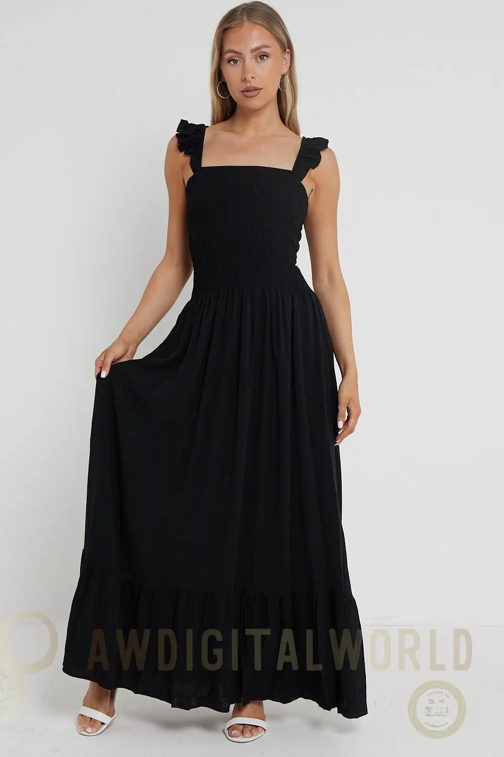 Black Shirred Maxi Dress With Frill Aftershock London
