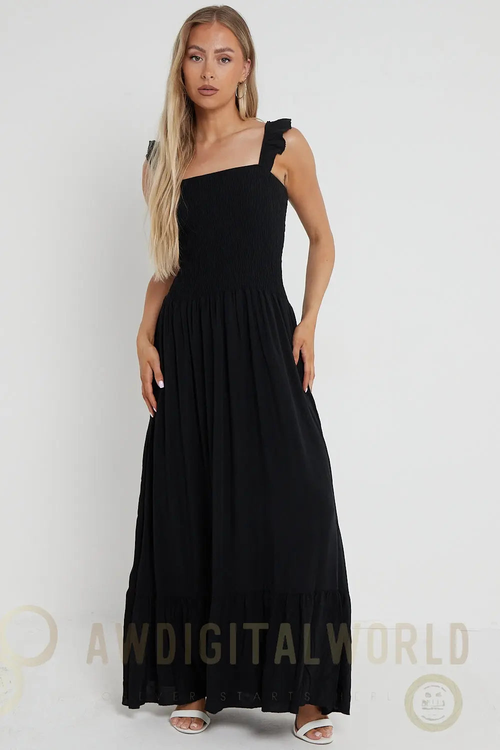 Black Shirred Maxi Dress With Frill Aftershock London
