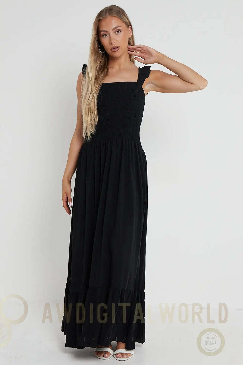Black Shirred Maxi Dress With Frill Aftershock London