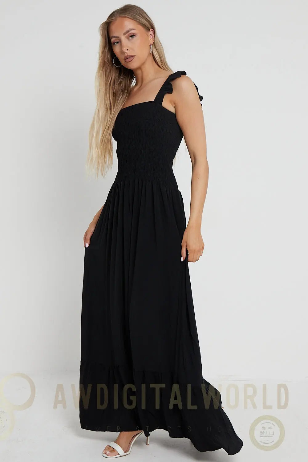 Black Shirred Maxi Dress With Frill Aftershock London