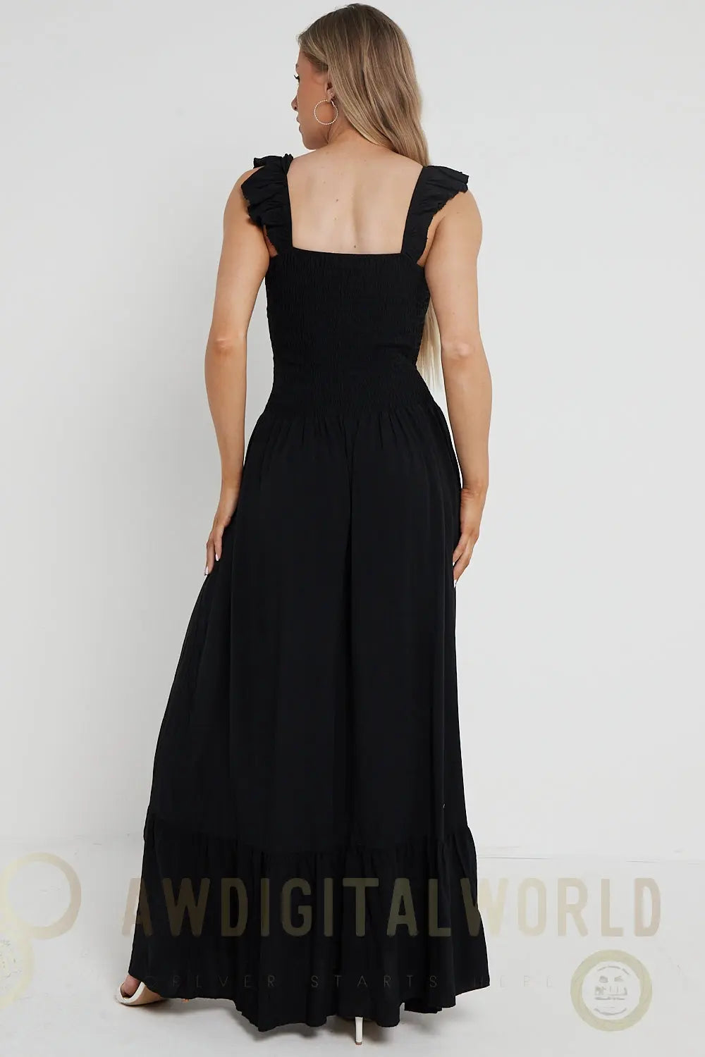 Black Shirred Maxi Dress With Frill Aftershock London
