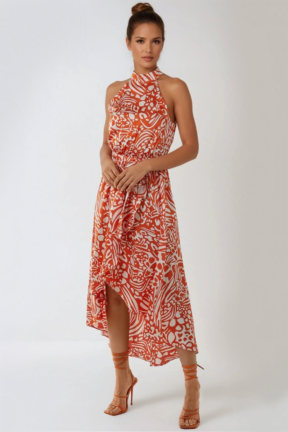 Orange Floral Halterneck Wrap Midi Dress Aftershock London