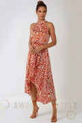 Orange Floral Halterneck Wrap Midi Dress Aftershock London